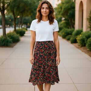 Lily Women's black & green sheer floral overlay lined skirt Sz L New